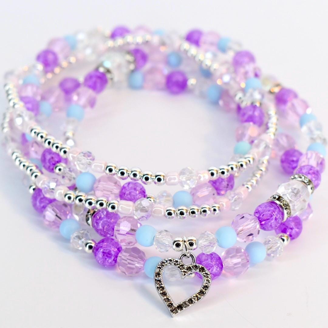 Heart Charm Beaded Bracelet Set – Purple, Pink & Blue Valentine's Day Jewelry