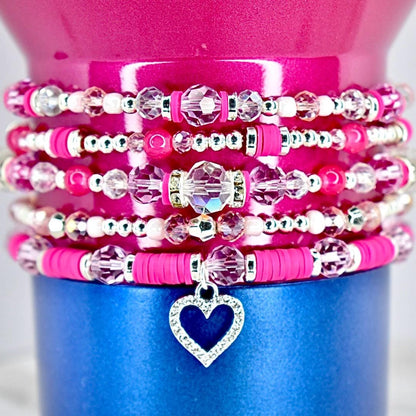 Pink Crystal Romance Bracelet Collection: Fuchsia Silver and Crystal Beaded Bracelets