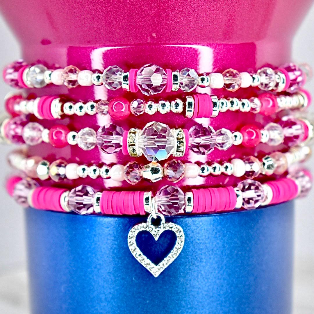 Pink Crystal Romance Bracelet Collection: Fuchsia Silver and Crystal Beaded Bracelets