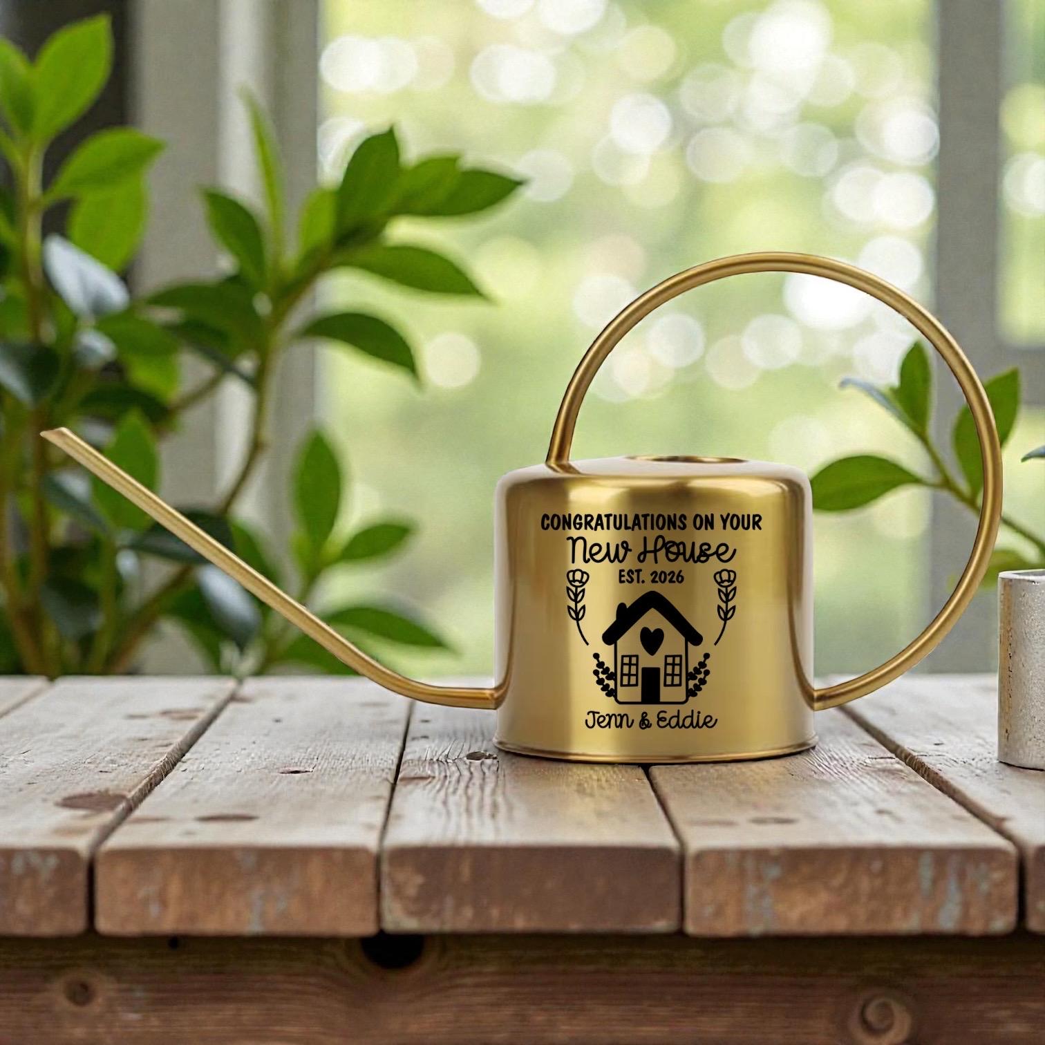 Gold Watering Can Personalized Housewarming Gift Custom Plant Tool New Home Present Special Occasion Celebration Memorable Keepsake Stainless Steel Design Customizable Names Year House Illustration Elegant Long Spout Indoor Garden Accessory