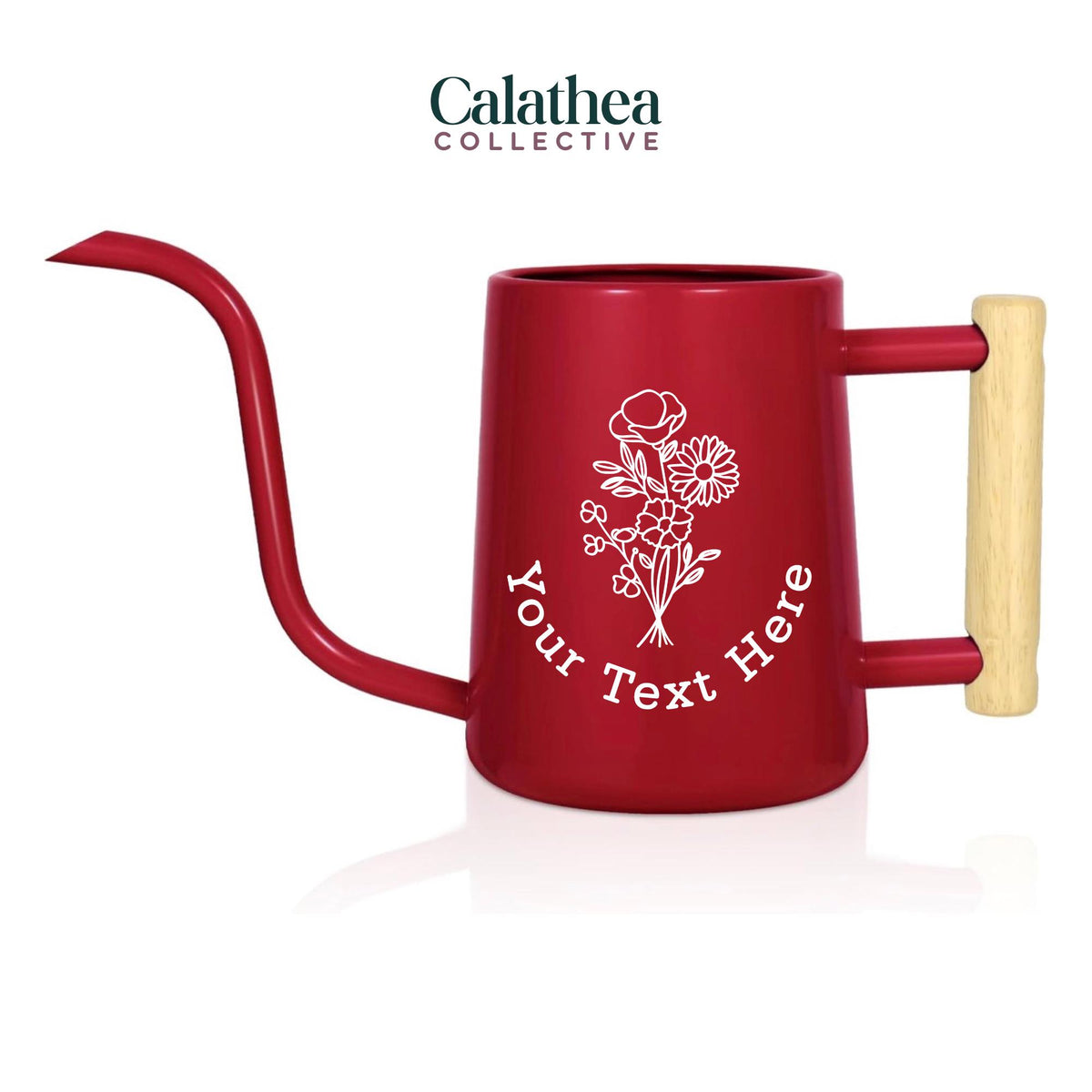 A red watering can with long gooseneck spout and wood handle with a white flower bouquet design and 'your text here' below the bouquet in white permanent vinyl.