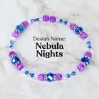 A beaded bracelet with the text "Design Name: Nebula Nights." The bracelet features a mix of purple, blue, and clear beads. The design includes faceted blue beads, round purple beads, and small clear beads.