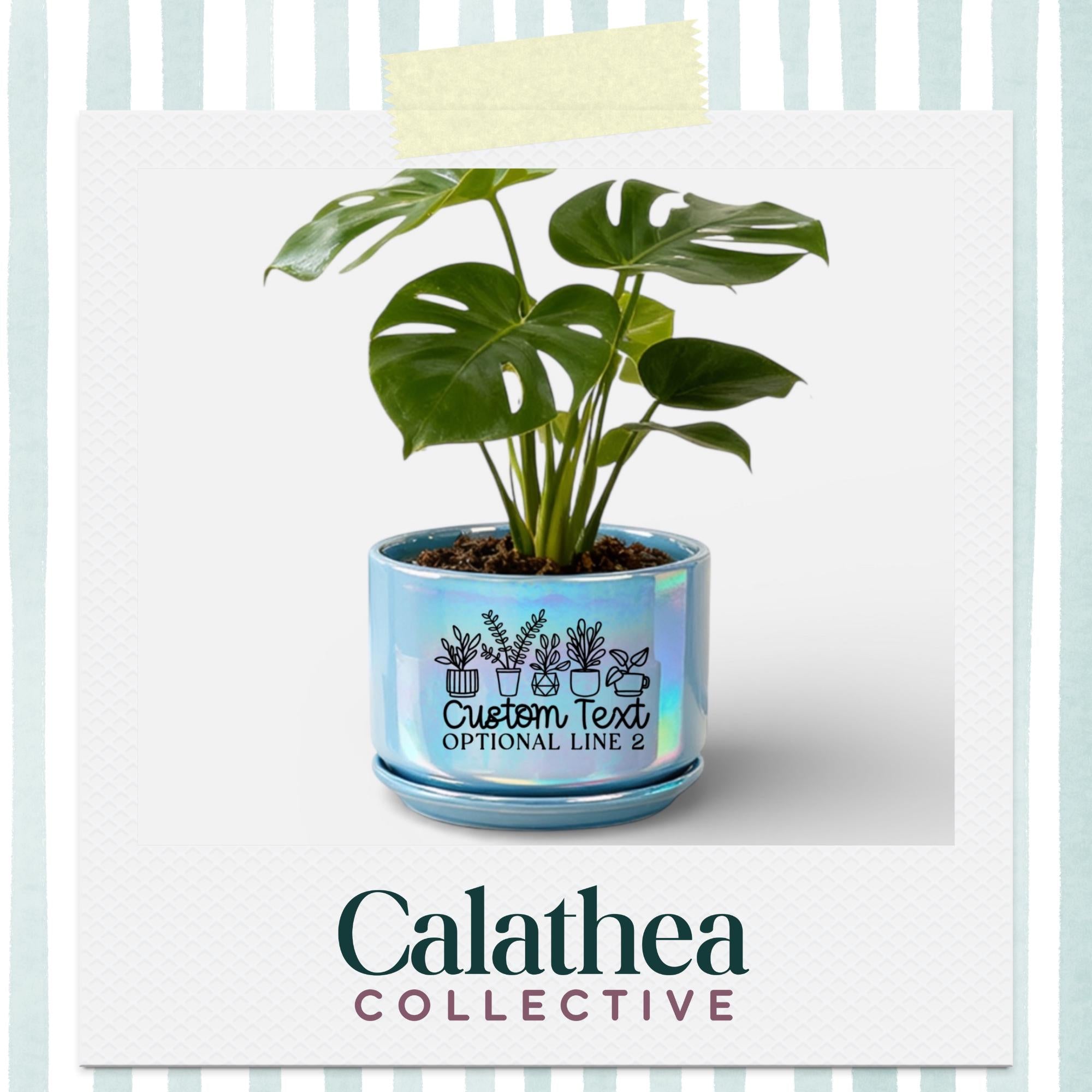 Personalized Planter Iridescent Blue Houseplant Pot with Saucer - Custom Text with House Plant Design