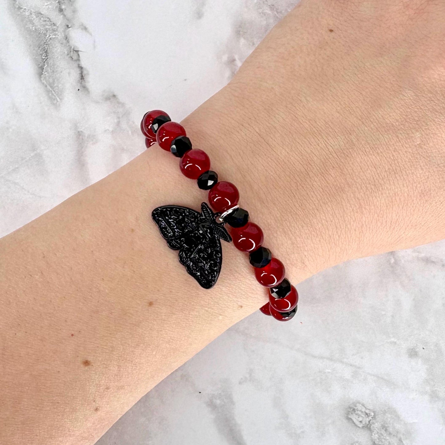 Dark Romance Moth Charm Bracelet with Red and Black Glass Beads