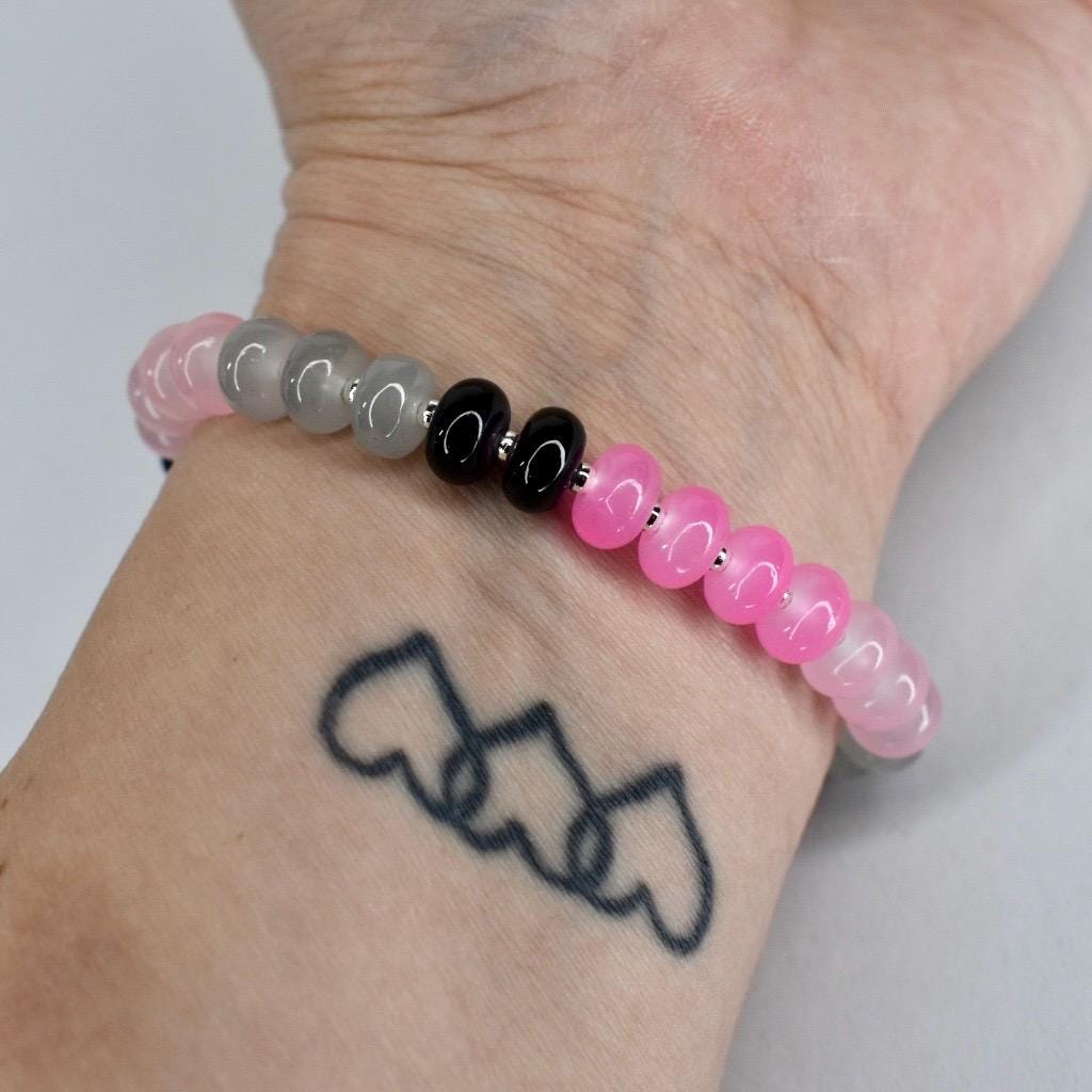 Glass Bead Stretch Bracelet with Pink, Black, and Gray Beads and Silver Spacers