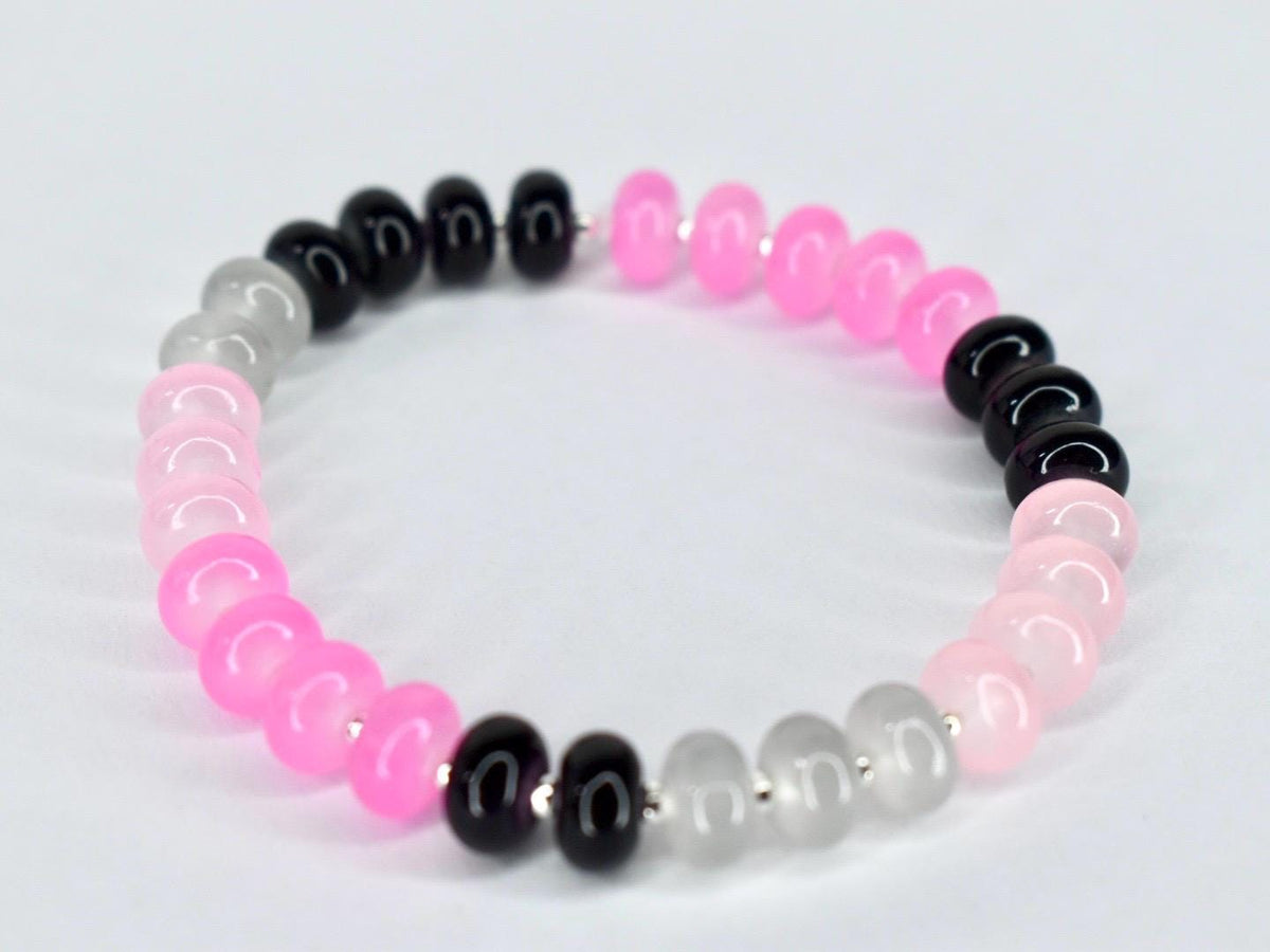 Glass Bead Stretch Bracelet with Pink, Black, and Gray Beads and Silver Spacers
