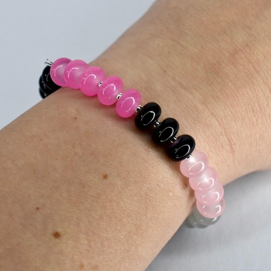 Glass Bead Stretch Bracelet with Pink, Black, and Gray Beads and Silver Spacers