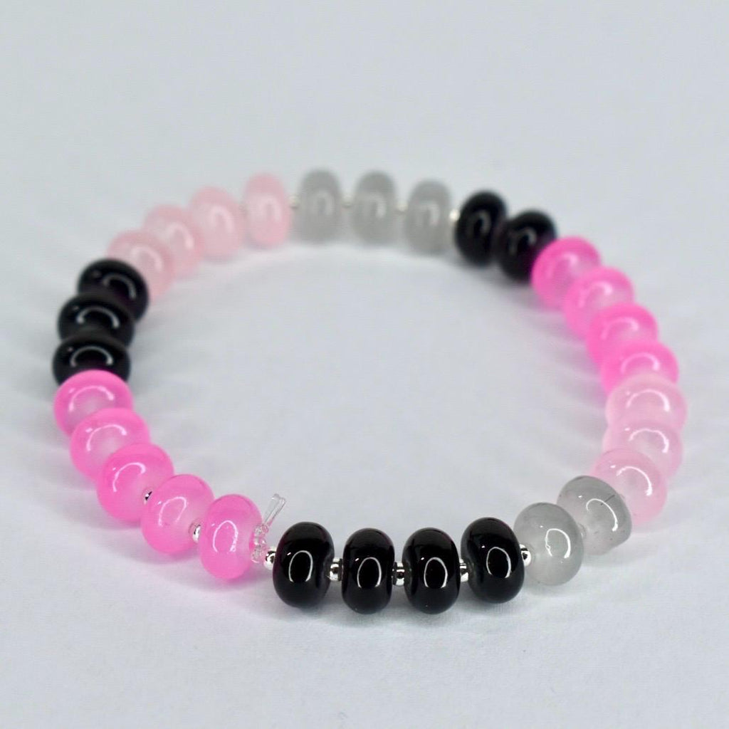 Glass Bead Stretch Bracelet with Pink, Black, and Gray Beads and Silver Spacers