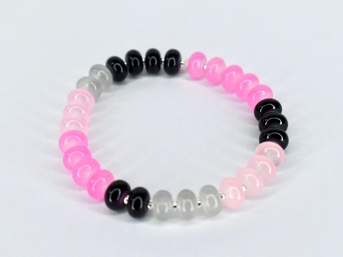 Glass Bead Stretch Bracelet with Pink, Black, and Gray Beads and Silver Spacers