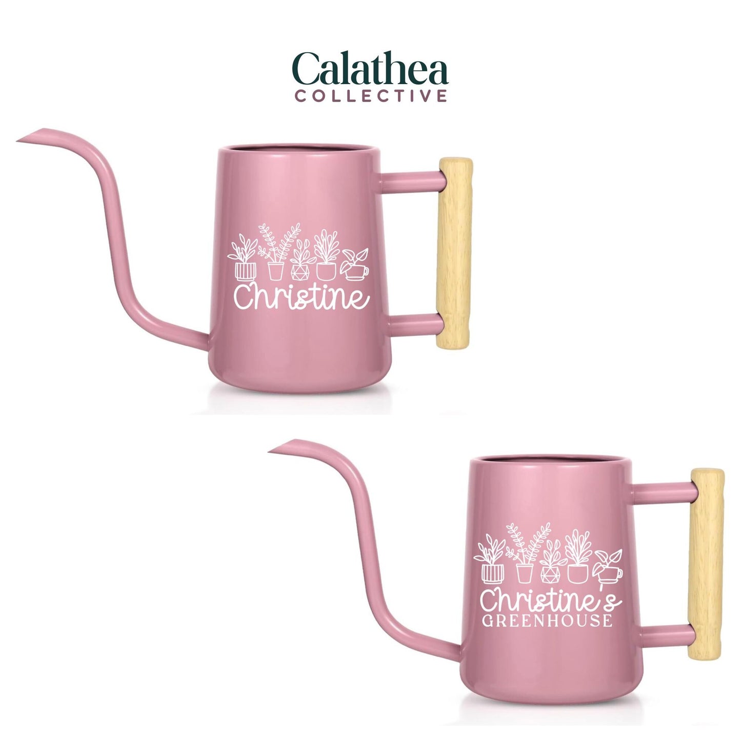 Two pink metal watering cans with long spouts and wooden handles. The cans have white text and plant illustrations. One says "Christine" and the other says "Christine's Greenhouse". The logo "Calathea Collective" is at the top.
