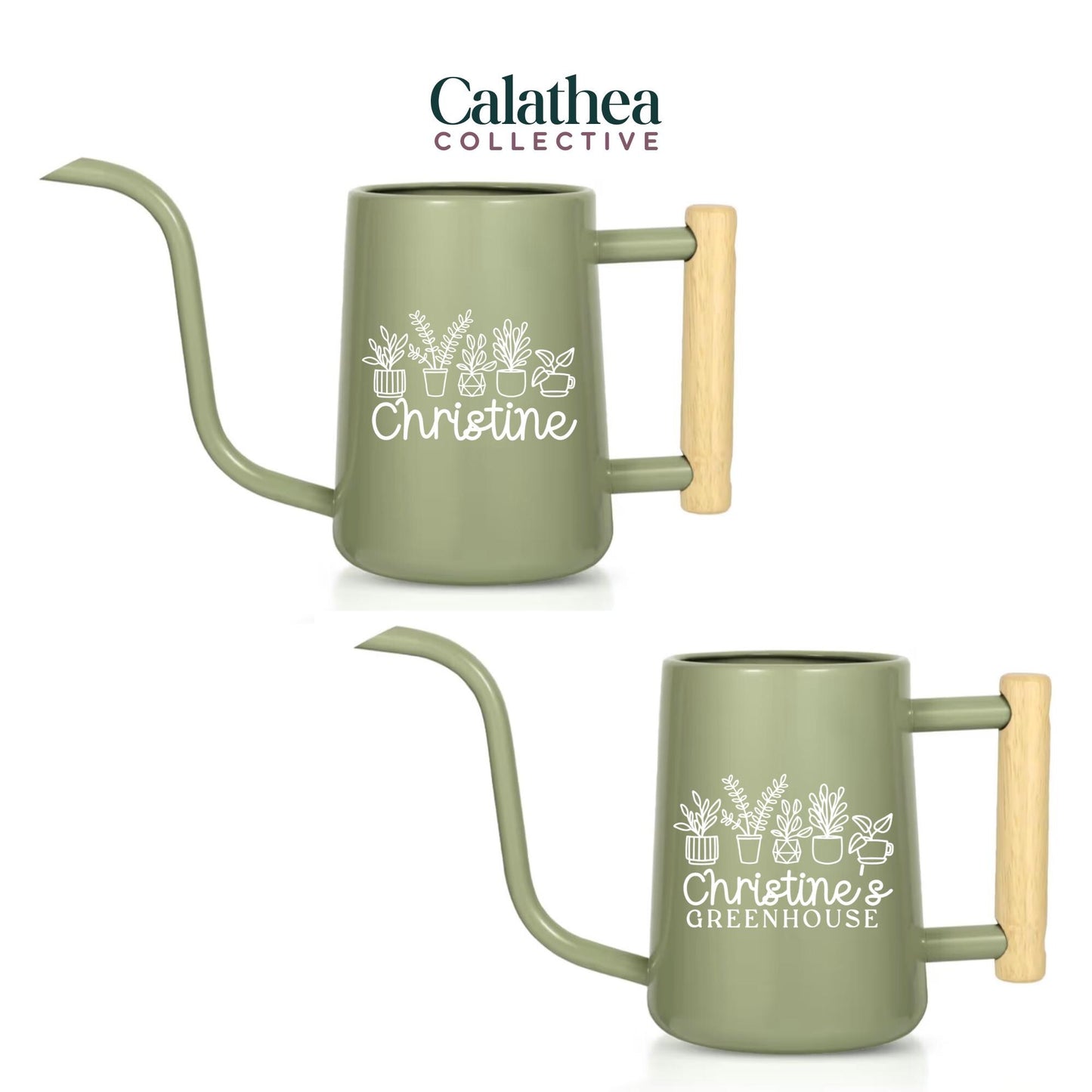 Two sage green watering cans with long spouts and wooden handles. One can has the name "Christine" in white script, and the other says "Christine's Greenhouse". Both cans have a white graphic of potted plants.