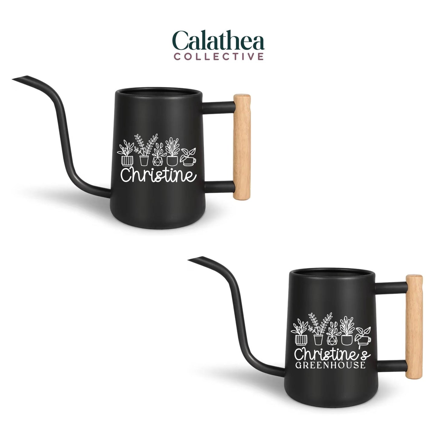 Black metal watering can with a long spout and wooden handle. The can features a white graphic of potted plants and the name "Christine". The Calathea Collective logo is at the top.