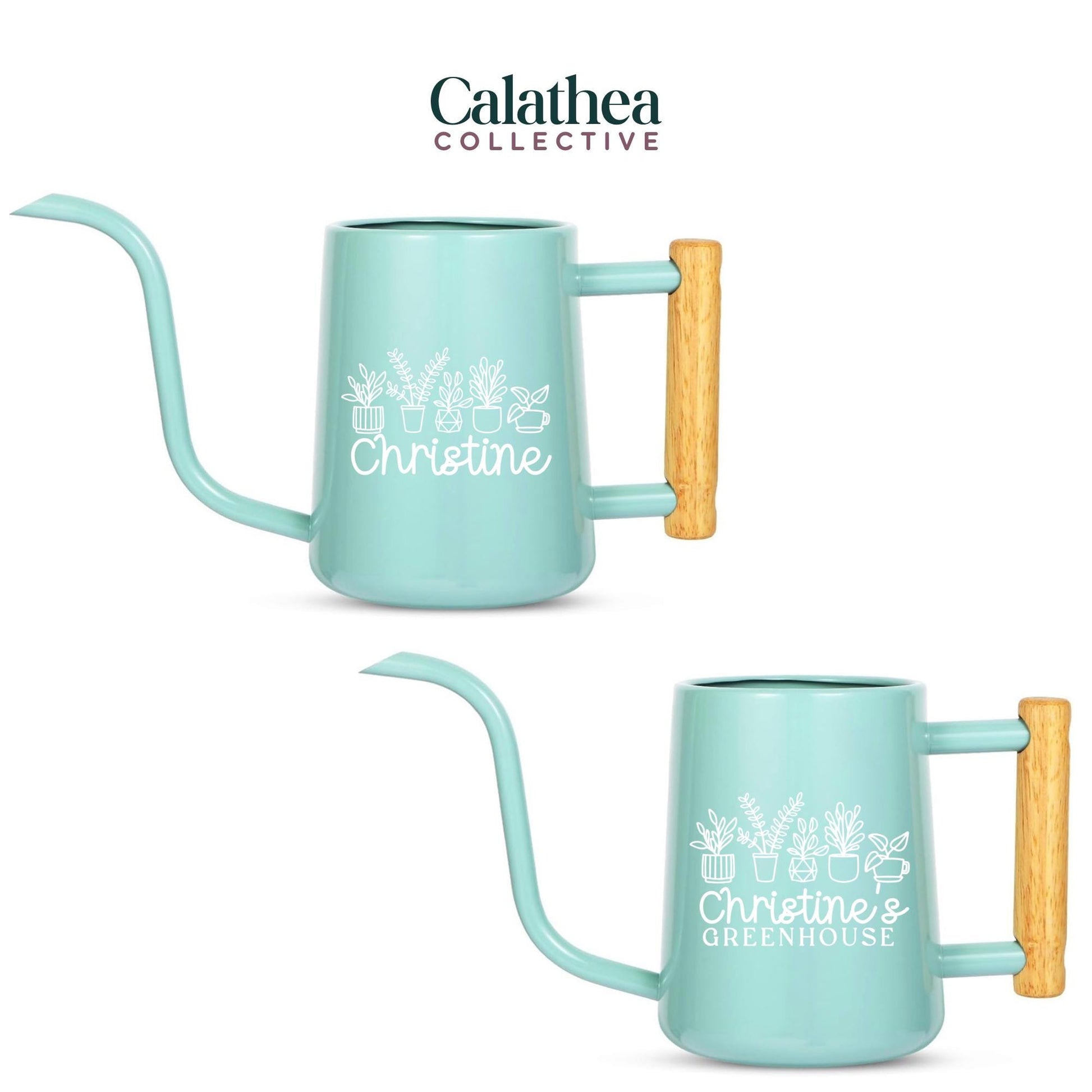 Two teal watering cans with wooden handles. Each can features a white illustration of potted plants and personalized text. One says "Christine" and the other says "Christine's Greenhouse". The brand name "Calathea Collective" is at the top.
