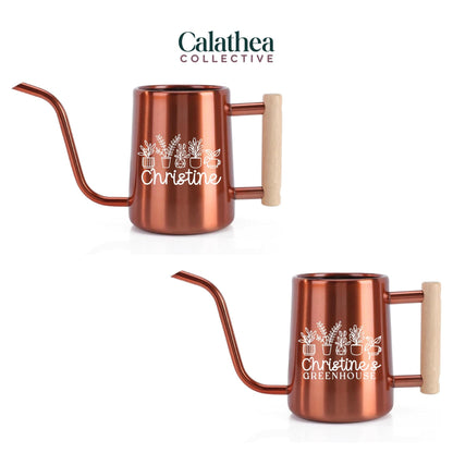 Copper-colored watering can with a long spout and wooden handle. The can features a white graphic of potted plants and the name "Christine" in a script font. The brand name "Calathea Collective" is at the top.