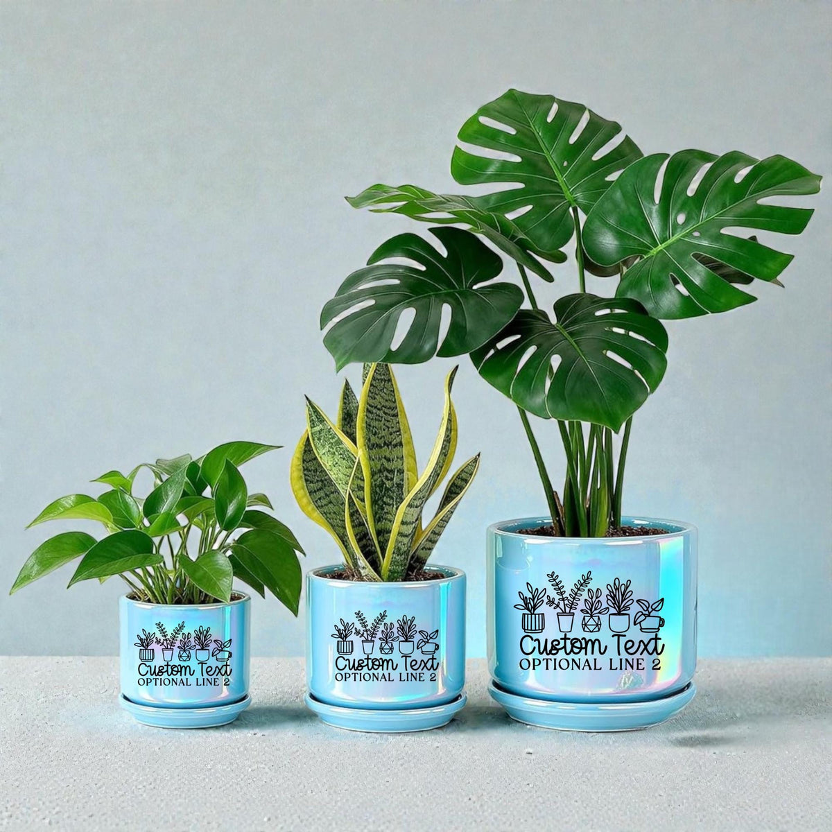 Modern Plant Container Personalized Ceramic Planter Custom Text Design Iridescent Rainbow Finish Houseplant Pot Indoor Decoration Piece Unique Home Accent Beautiful Color Changing Effect Plant Lover Gift Idea Special Custom Present Drainage