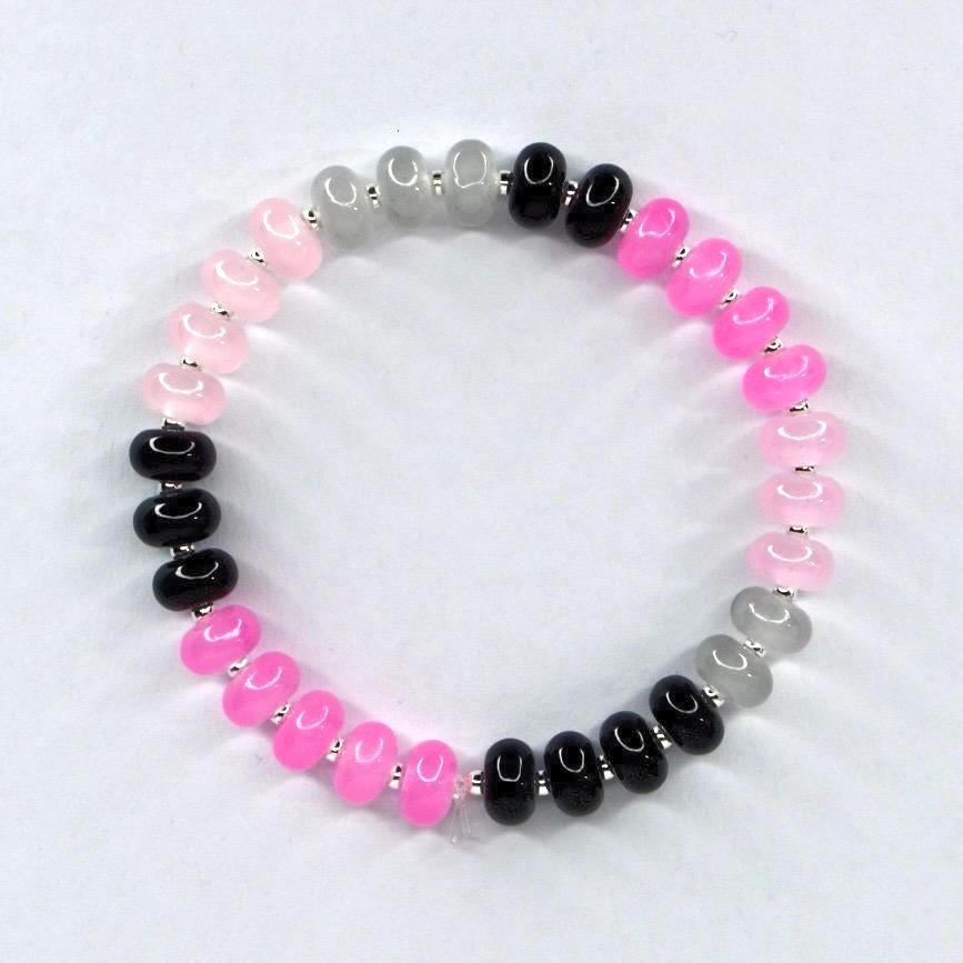 Glass Bead Stretch Bracelet with Pink, Black, and Gray Beads and Silver Spacers