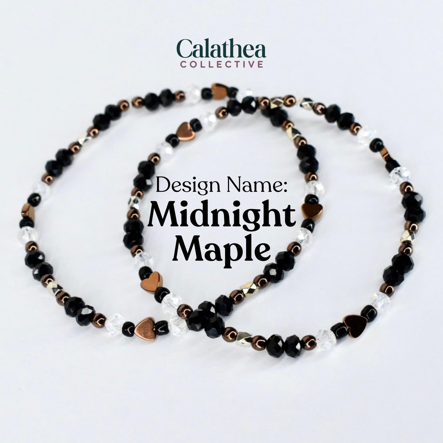 Two beaded bracelets with the text "Design Name: Midnight Maple". The bracelets feature black, clear, and copper-colored beads, including heart-shaped accents. The bracelets are on a white background.