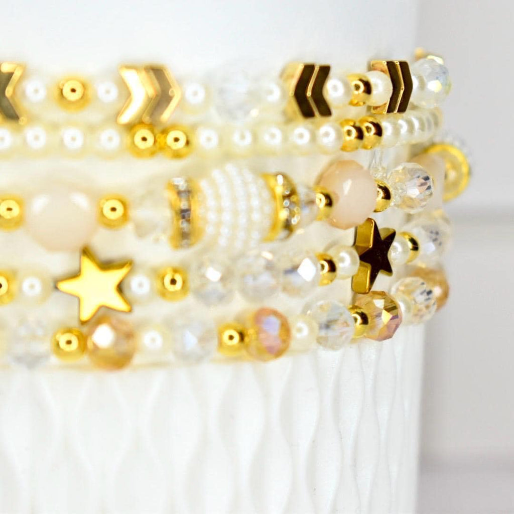 Elegant Gift Bracelet Starlight Shimmer Collection Celestial Design Concept Luxe Birthday Present Five Piece Set Crystal Pearl Elements Gold Accent Details Dainty Wrist Accessory Layered Look Creation Magical Sparkle Effect Special Occasion