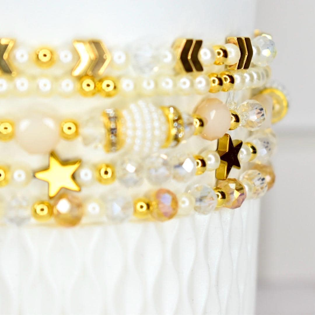 Elegant Gift Bracelet Starlight Shimmer Collection Celestial Design Concept Luxe Birthday Present Five Piece Set Crystal Pearl Elements Gold Accent Details Dainty Wrist Accessory Layered Look Creation Magical Sparkle Effect Special Occasion