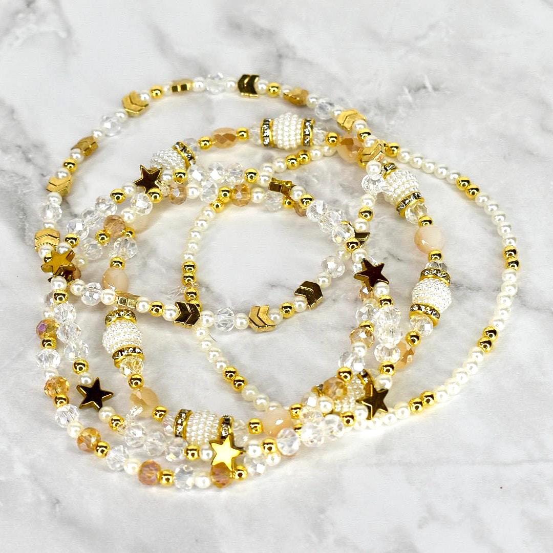 Starlight Shimmer Bracelet Collection - Pearl and Gold Star Bracelets