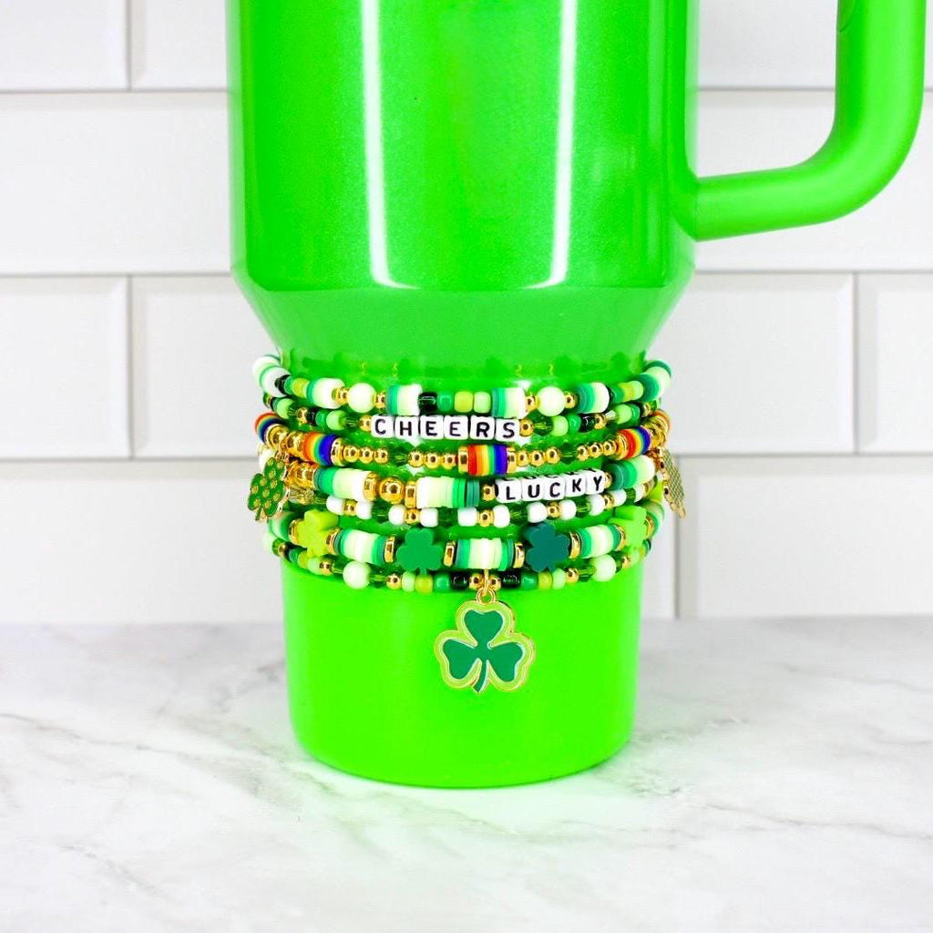 St. Patrick's Day Bracelet Collection: Green and Gold Beaded Bracelets with Shamrock Bead Accents