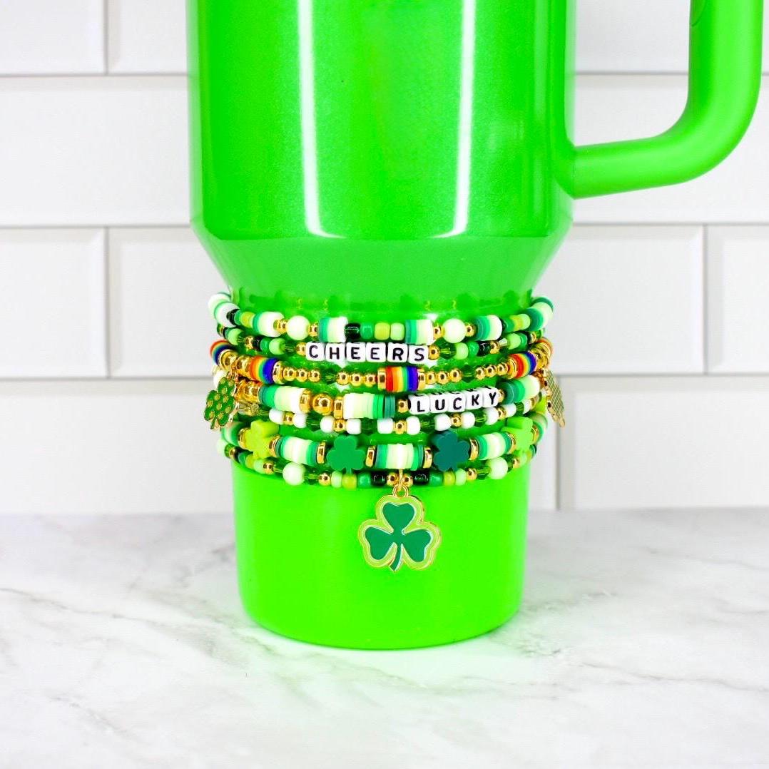 St. Patrick's Day Bracelet Collection: Green and Gold Beaded Bracelets with Shamrock Bead Accents