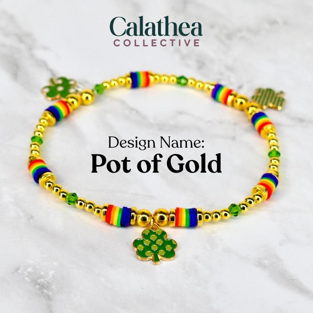 St. Patrick's Day Bracelet Collection: Green and Gold Beaded Bracelets with Shamrock Bead Accents