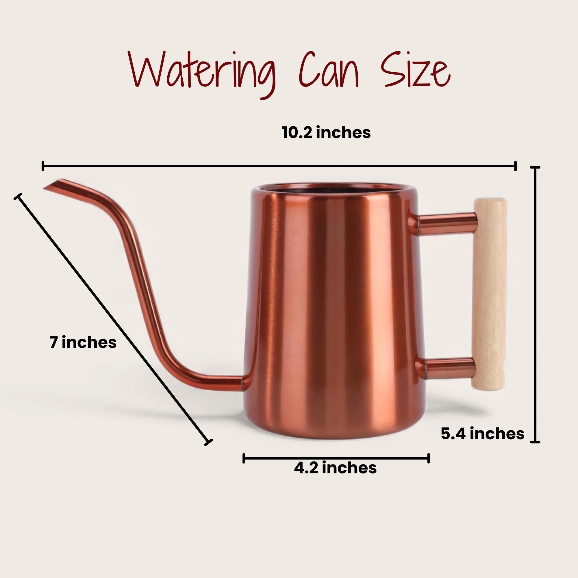 Copper-colored watering can with a wooden handle. The can is 10.2 inches long, 7 inches high, 4.2 inches wide, and the handle is 5.4 inches long. The text "Watering Can Size" is at the top.