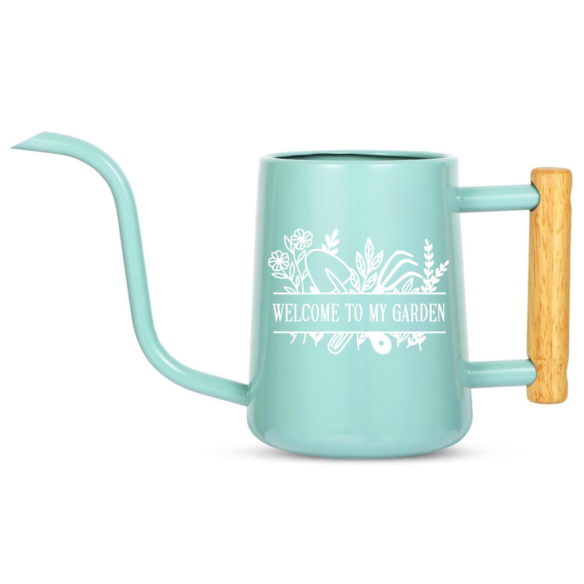 A light blue watering can with a long, curved spout and a wooden handle. The can features the text "WELCOME TO MY GARDEN" in white, along with floral and gardening tool designs. Ideal for gardening.