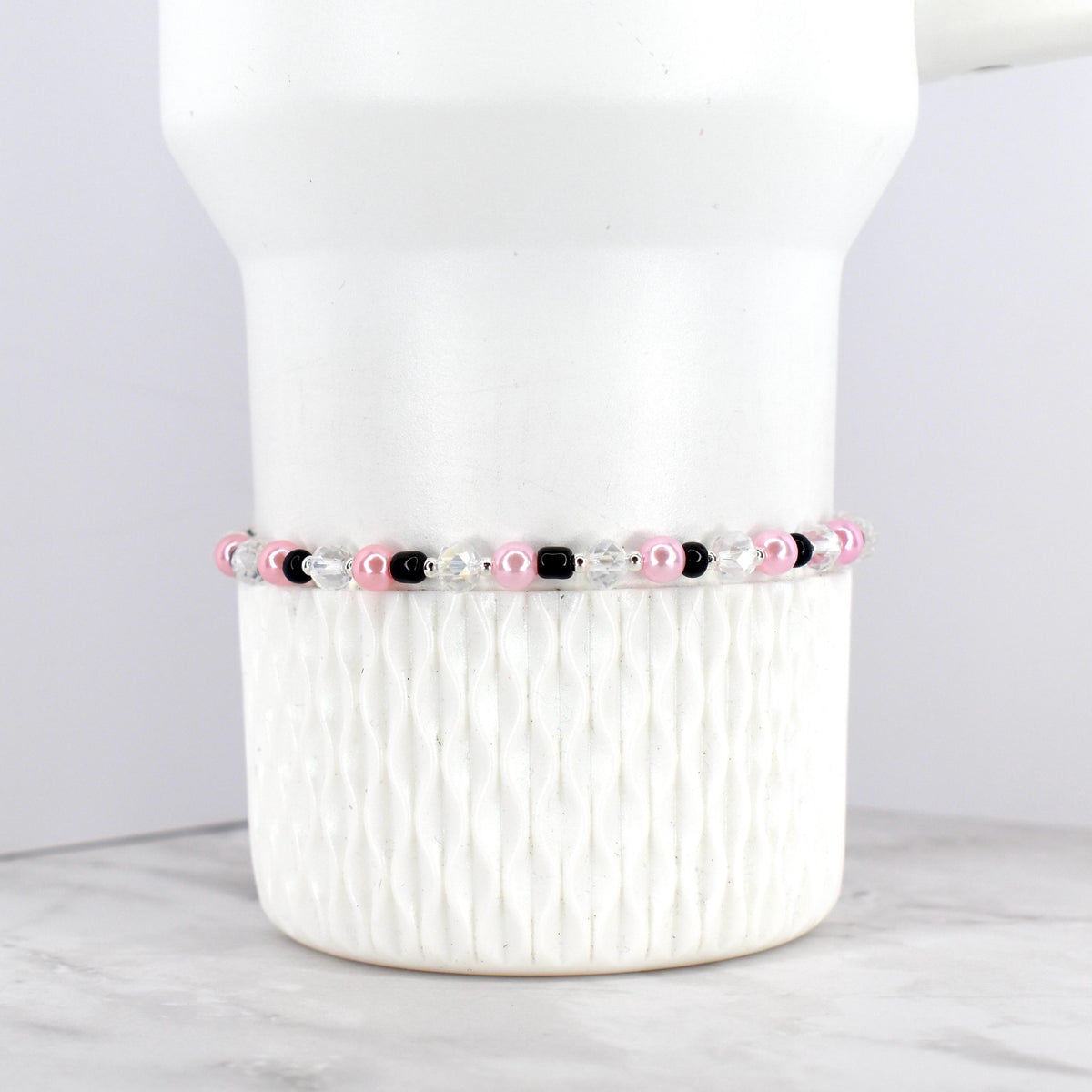 Black and Pink Beaded Stretch Bracelet