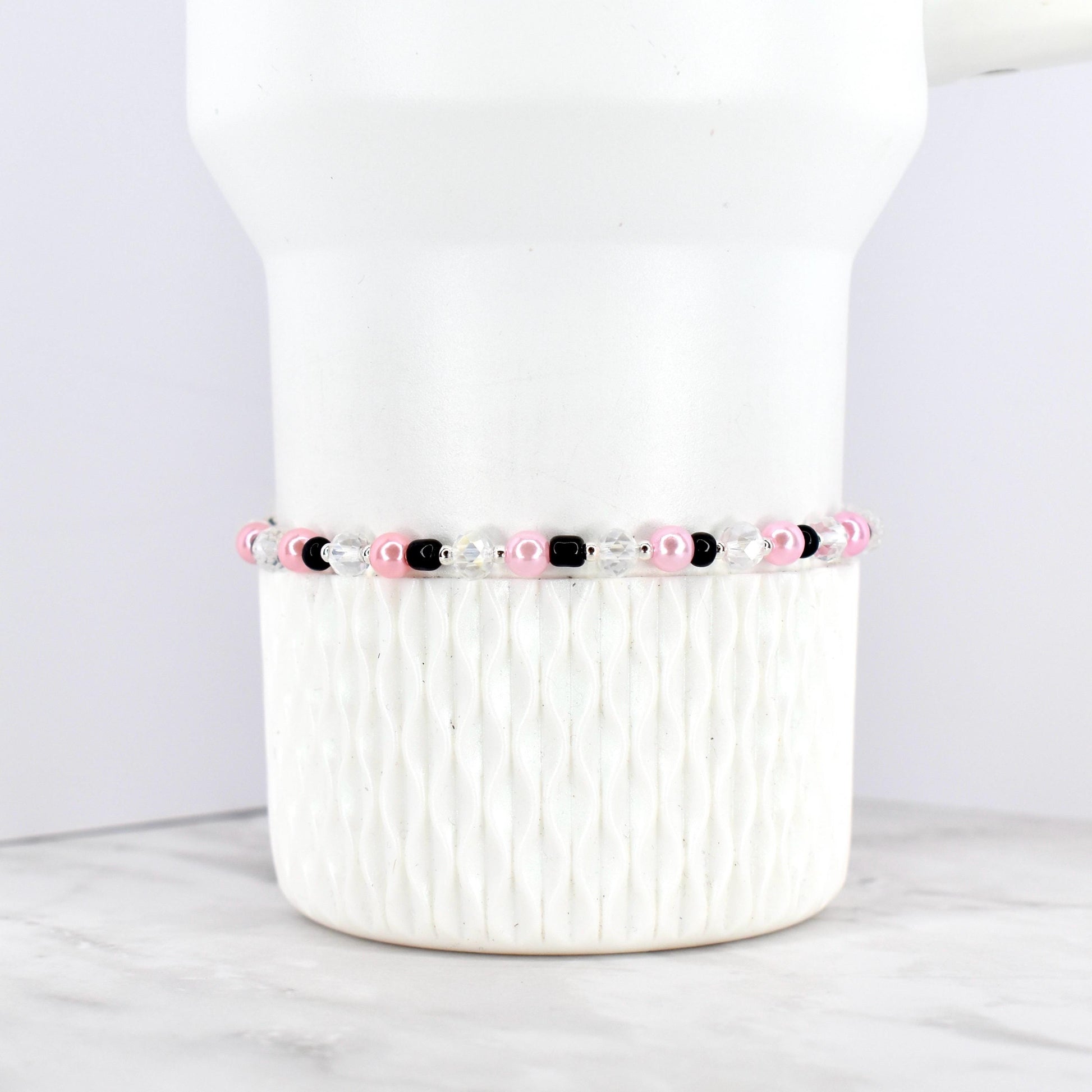 Black and Pink Beaded Stretch Bracelet