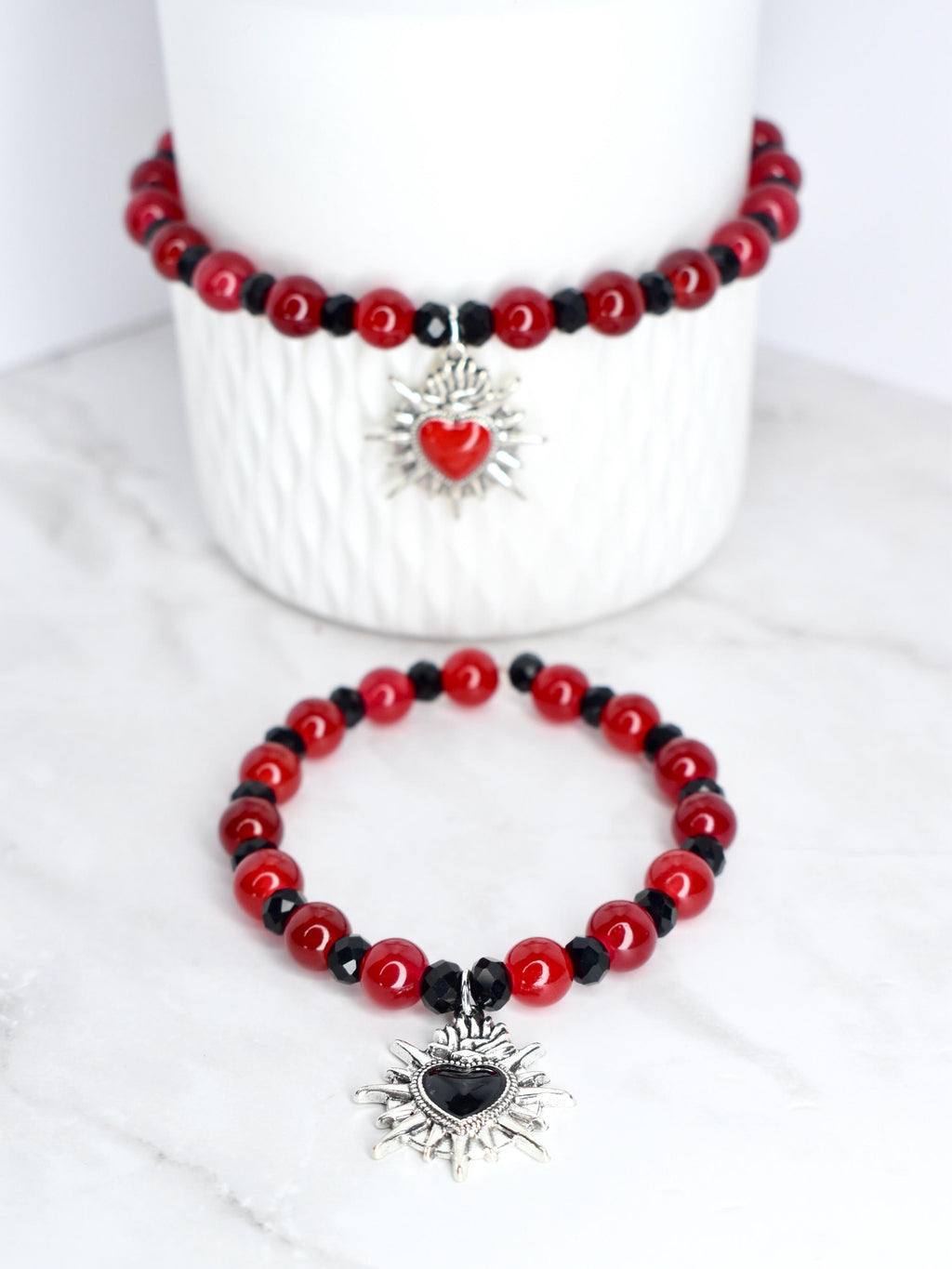 Sacred Heart Bracelet Collection: Red and Black Bracelets with Heart Charm