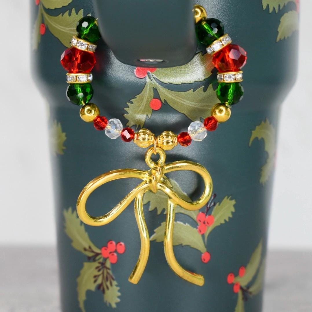 Holiday Botanical Tumbler Handle Charm Bracelet with Gold Bow Charm