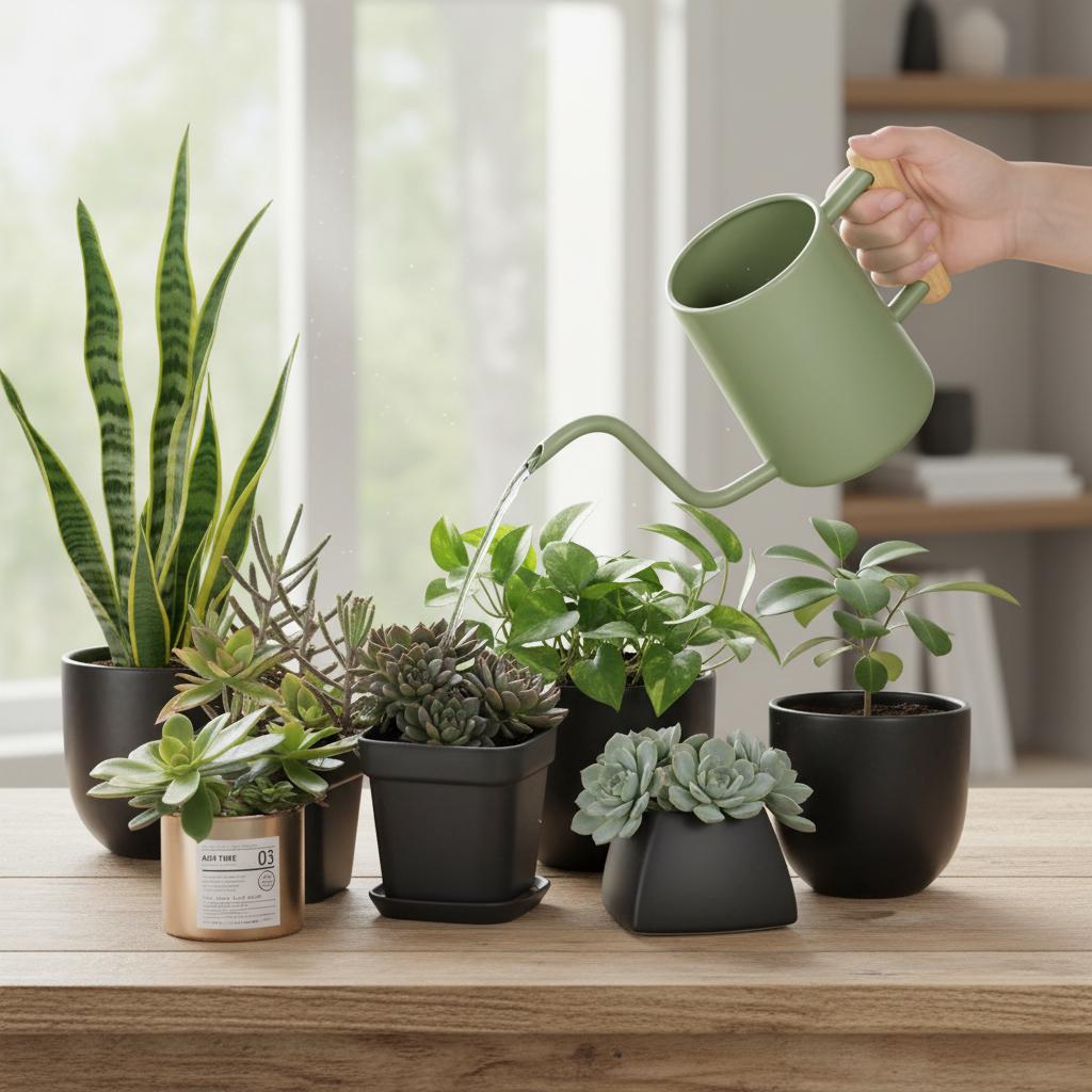 A collection of potted plants, including succulents and leafy greens, arranged on a wooden surface. A person is watering the plants with a sage green watering can. The pots are black and gold, creating a modern aesthetic.