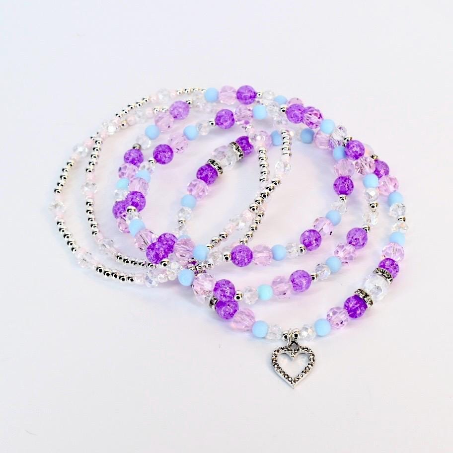 Heart Charm Beaded Bracelet Set – Purple, Pink & Blue Valentine's Day Jewelry
