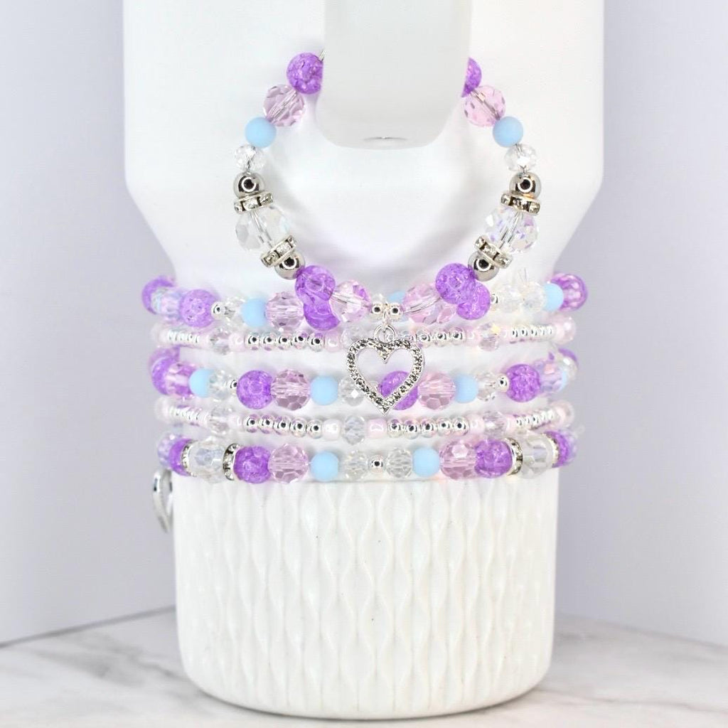 Heart Charm Beaded Bracelet Set – Purple, Pink & Blue Valentine's Day Jewelry