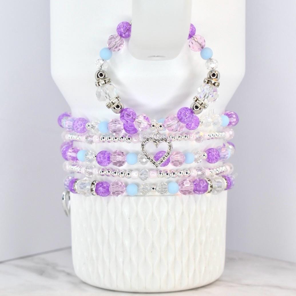 Heart Charm Beaded Bracelet Set – Purple, Pink & Blue Valentine's Day Jewelry