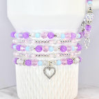 Heart Charm Beaded Bracelet Set – Purple, Pink & Blue Valentine's Day Jewelry