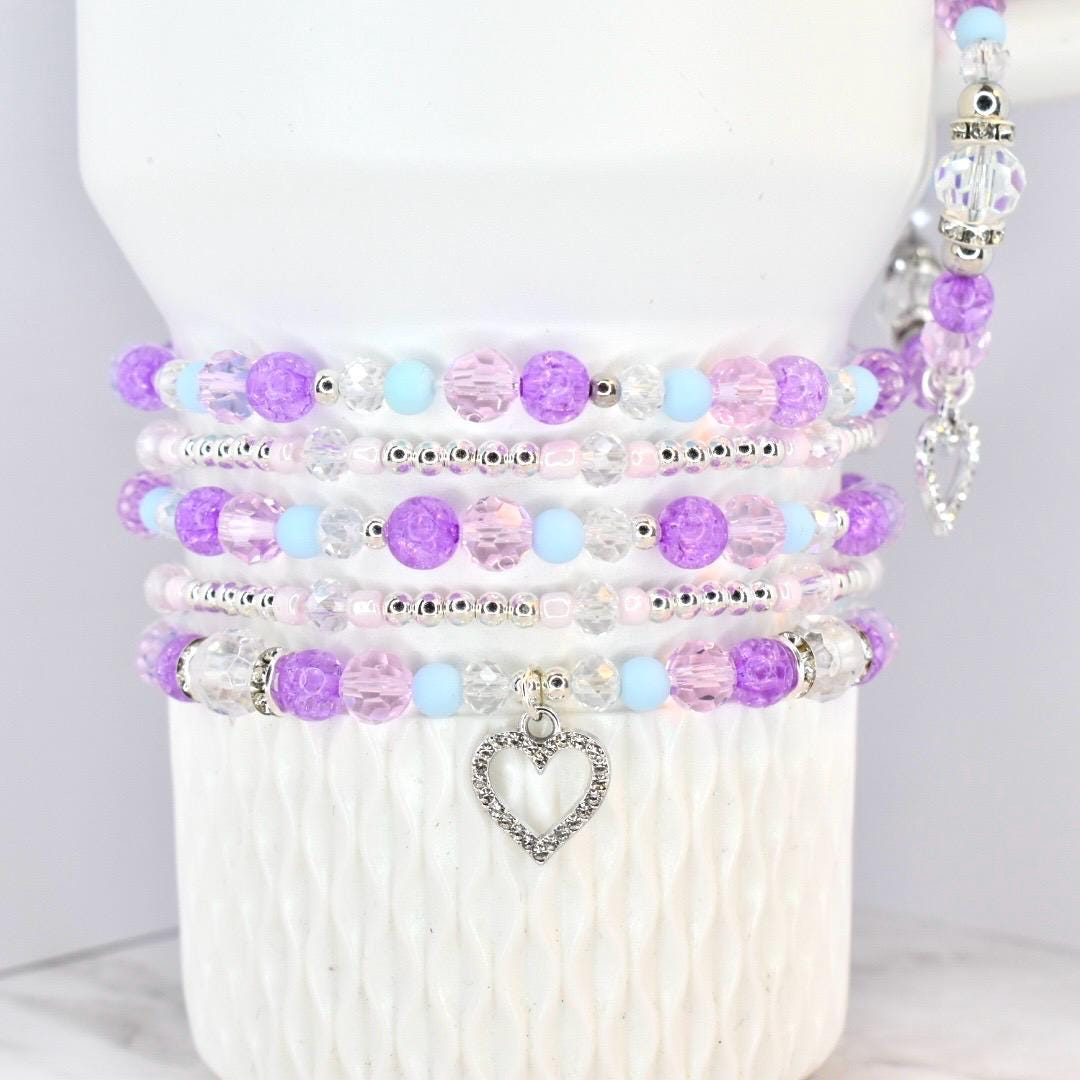 Heart Charm Beaded Bracelet Set – Purple, Pink & Blue Valentine's Day Jewelry