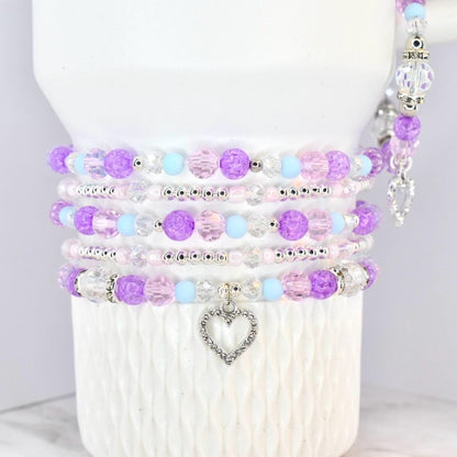 Heart Charm Beaded Bracelet Set – Purple, Pink & Blue Valentine's Day Jewelry