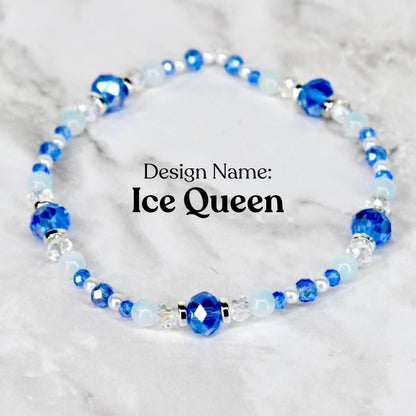 A beaded bracelet with the design name "Ice Queen." The bracelet features a mix of blue, light blue, and clear beads. Larger faceted blue beads are interspersed with smaller round beads and clear crystal beads.