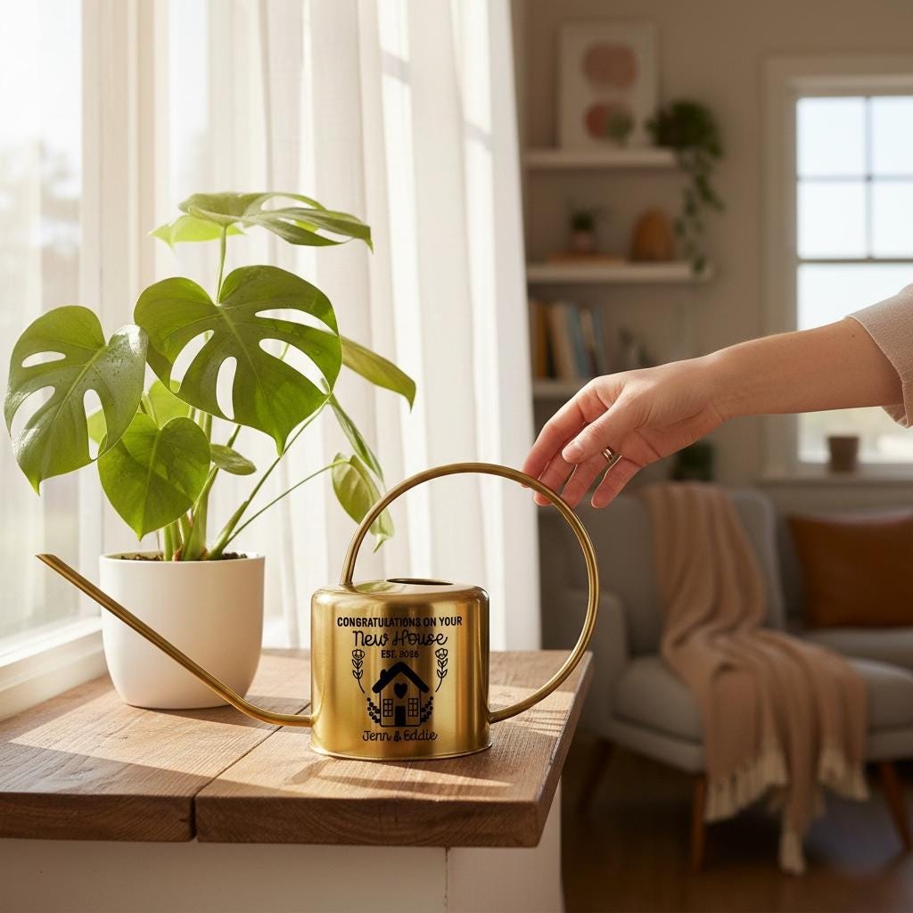 Stainless Steel Watering Can Gold Finish Plant Care Tool Indoor Garden Accessory Practical Home Addition Long Spout Design Large Capacity Container Personalized Housewarming Gift Custom Engraved Message House Illustration Special Names Year