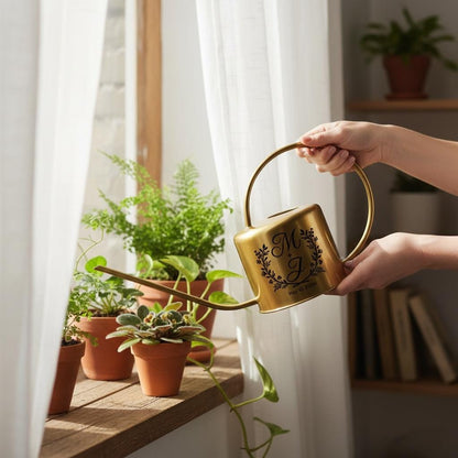 A gold-colored watering can with a long spout and a curved handle is held near a window with potted plants. The can has a black floral design with the initials "M J" and the date "May 10, 2020".