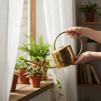 A gold-colored watering can with a long spout and a curved handle is held near a window with potted plants. The can has a black floral design with the initials "M J" and the date "May 10, 2020".