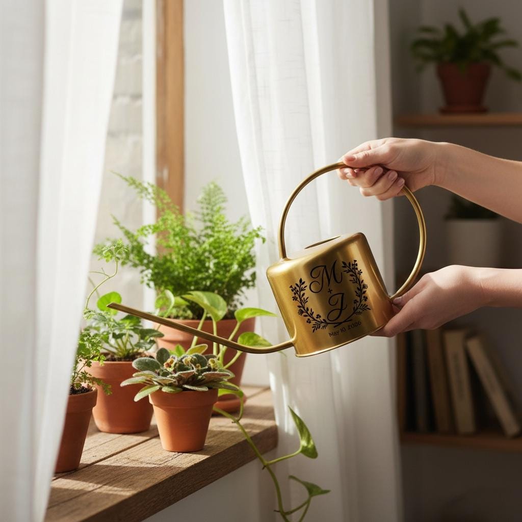 A gold-colored watering can with a long spout and a curved handle is held near a window with potted plants. The can has a black floral design with the initials "M J" and the date "May 10, 2020".