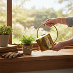 A gold-colored watering can with a long spout and a circular handle. The can features a decorative design with the initials "M" and "J" and the date "May 10, 2026". The scene includes potted plants and gardening gloves.