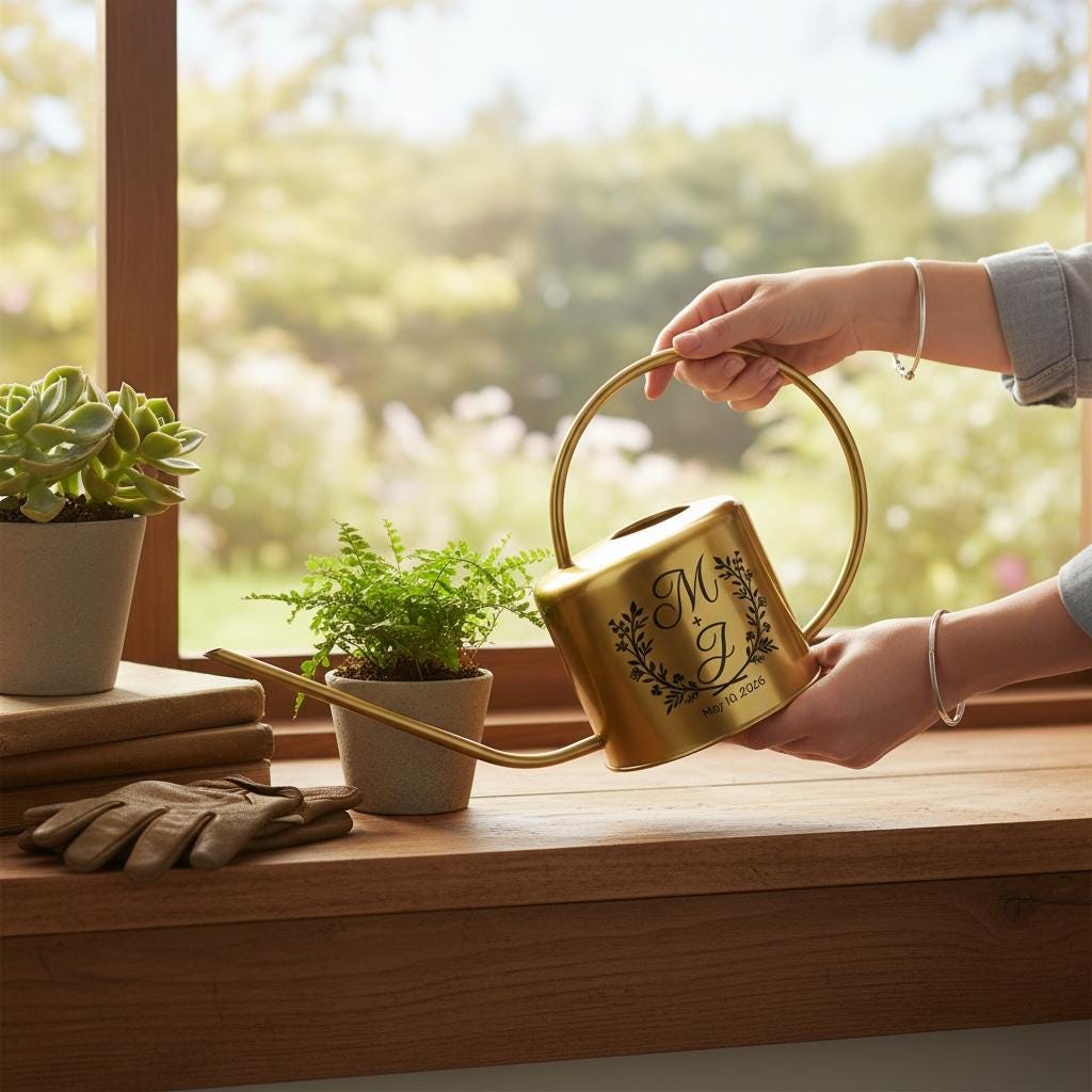 A gold-colored watering can with a long spout and a circular handle. The can features a decorative design with the initials "M" and "J" and the date "May 10, 2026". The scene includes potted plants and gardening gloves.