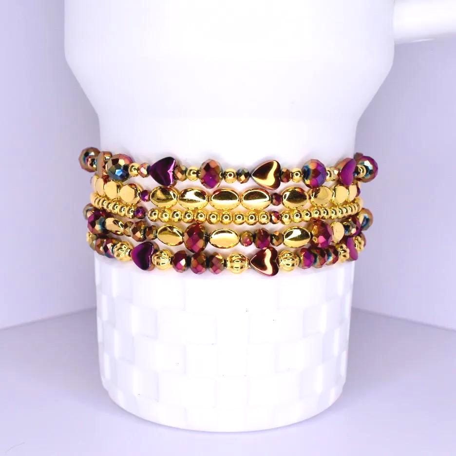Country Gold Bracelet Collection - Dark Red and Gold Iridescent Beaded Bracelets