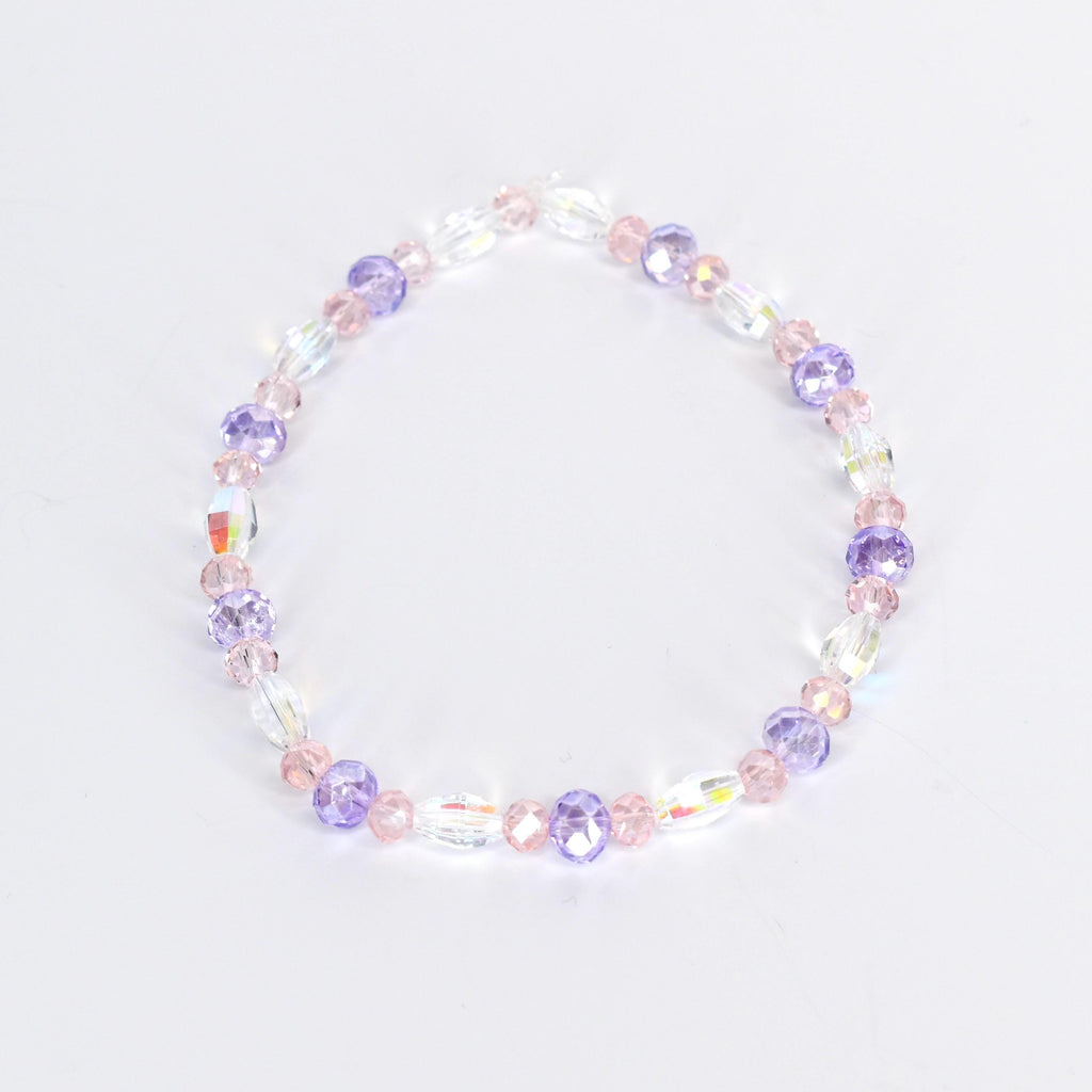 A delicate bracelet featuring a mix of clear, iridescent, and pastel-colored beads. The design incorporates oval and round beads in shades of pink and purple, creating a subtle, feminine accessory.