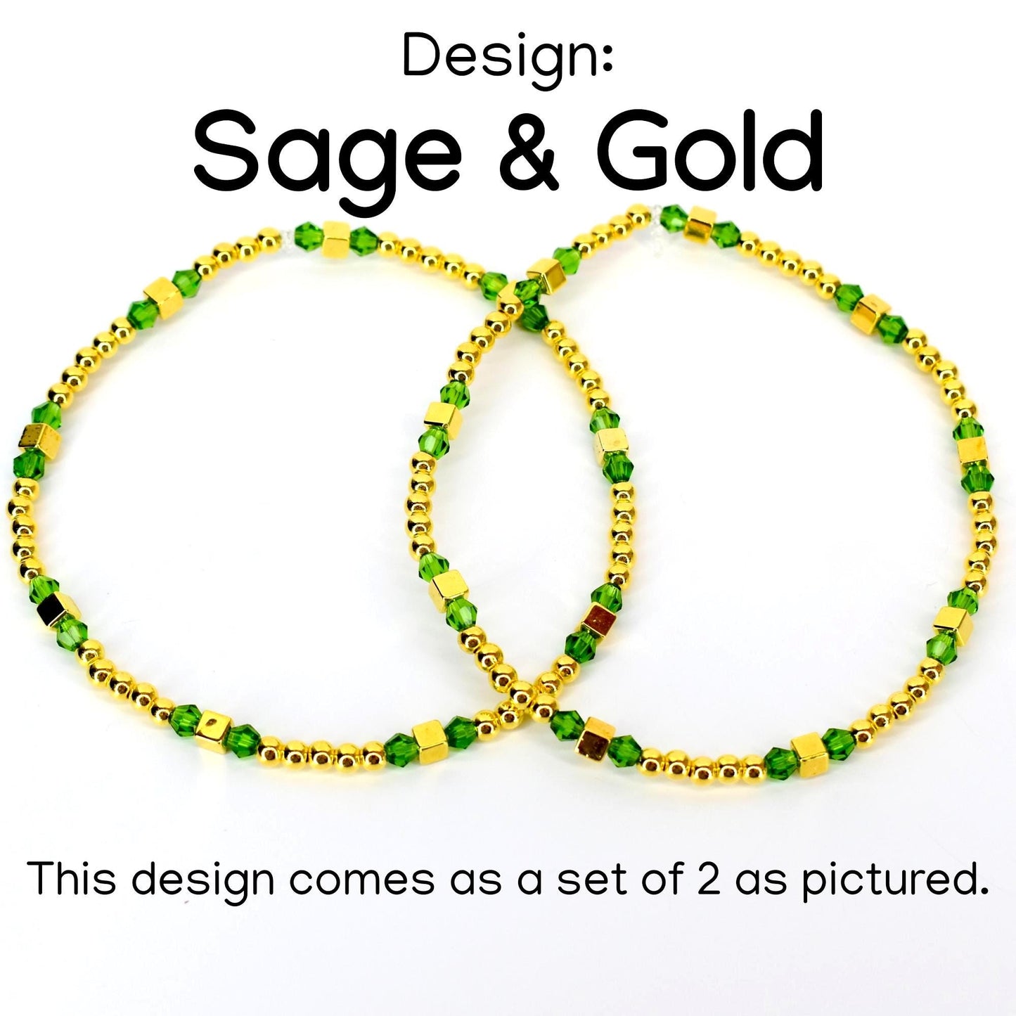 Two gold-colored beaded bracelets with green and gold accents. The bracelets are arranged in a figure-eight pattern. The design is called "Sage & Gold". The set includes two bracelets.
